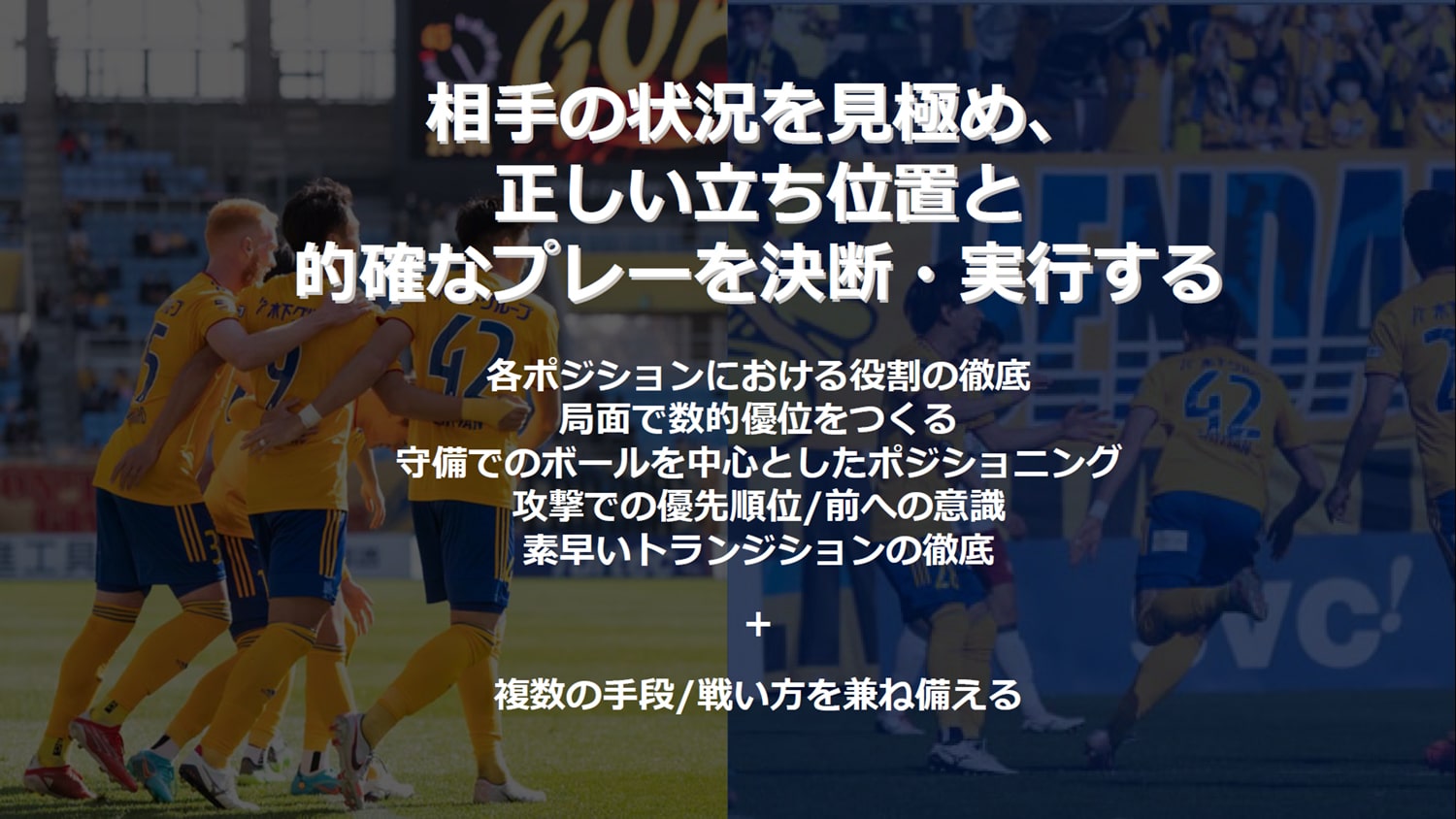 相⼿の状況を⾒極め、正しい⽴ち位置と正しい⽴ち位置と的確なプレーを決断・実⾏する的確なプレーを決断・実⾏する　各ポジションにおける役割の徹底 局⾯で数的優位をつくる 守備でのボールを中⼼としたポジショニング 攻撃での優先順位/前への意識 素早いトランジションの徹底 + 複数の⼿段/戦い⽅を兼ね備える